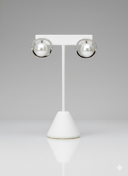 Rohari - Floating Pearl & American Diamond Halo Studs