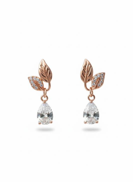 Rohari - Rose Gold Leaf Drop Earrings with Pear Cut Stones