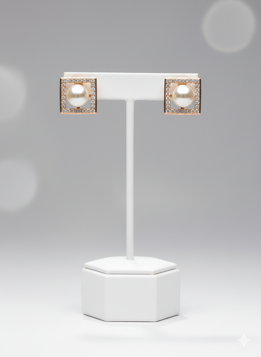 Rohari - Square Frame Pearl Stud Earrings (Rose Gold)