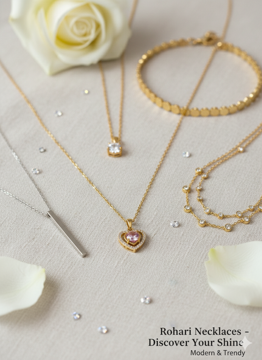 Rohari Necklace Collection banner showcasing a variety of elegant and modern gold-tone necklaces with American diamonds.