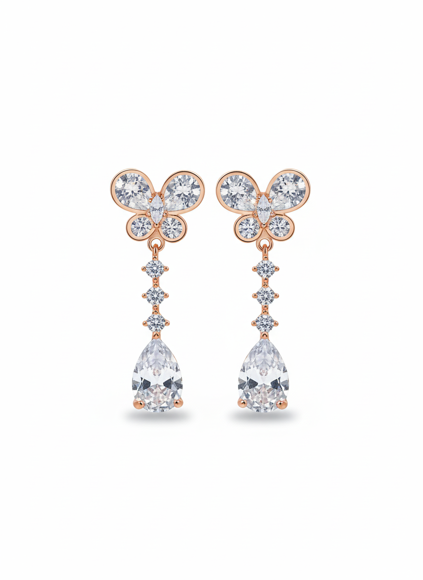 Rohari - Rose Gold Butterfly & Pear Drop Earrings