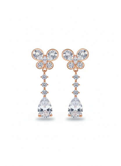 Rohari - Rose Gold Butterfly & Pear Drop Earrings