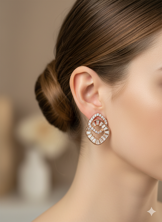 Rohari - Baguette & Pave Cluster Stud Earrings (Rose Gold)