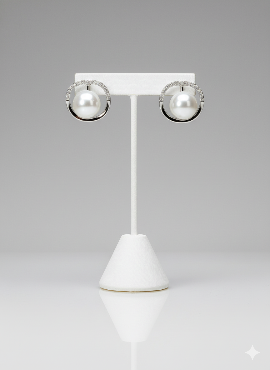 Rohari - Floating Pearl & American Diamond Halo Studs