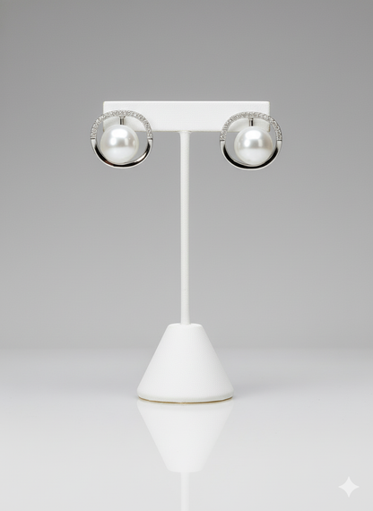 Rohari - Floating Pearl & American Diamond Halo Studs