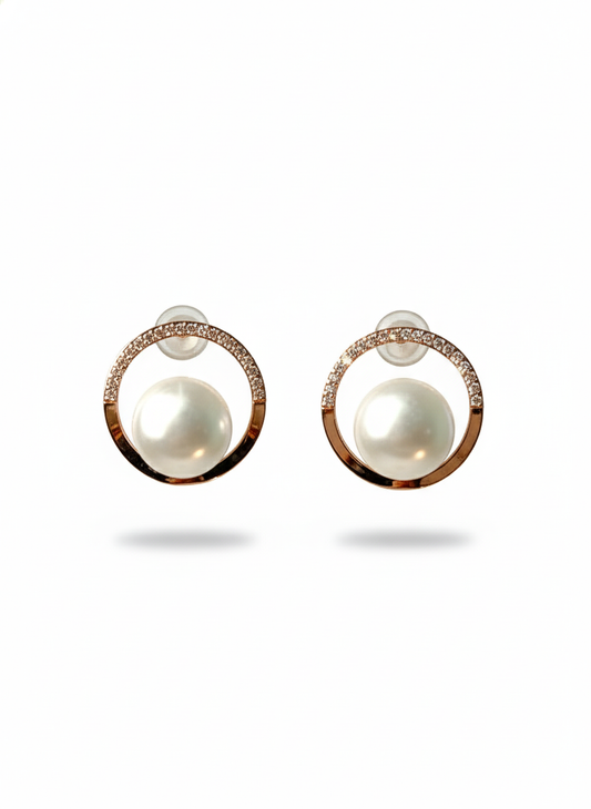 Rohari - Rose Gold Orbital Pearl & Pave Earrings