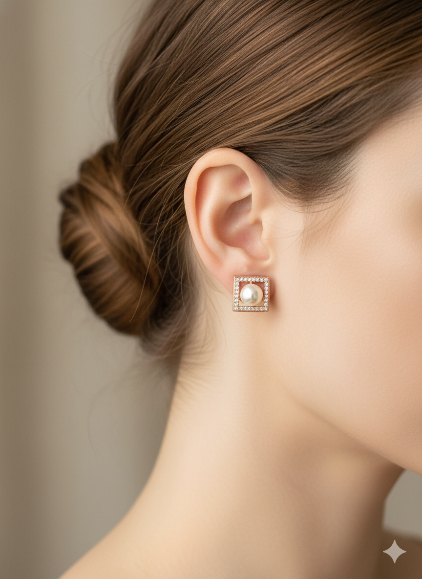 Rohari - Square Frame Pearl Stud Earrings (Rose Gold)