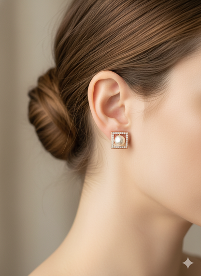 Rohari - Square Frame Pearl Stud Earrings (Rose Gold)