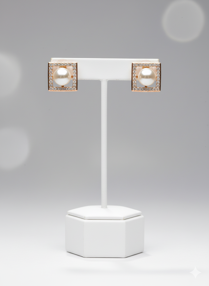 Rohari - Square Frame Pearl Stud Earrings (Rose Gold)