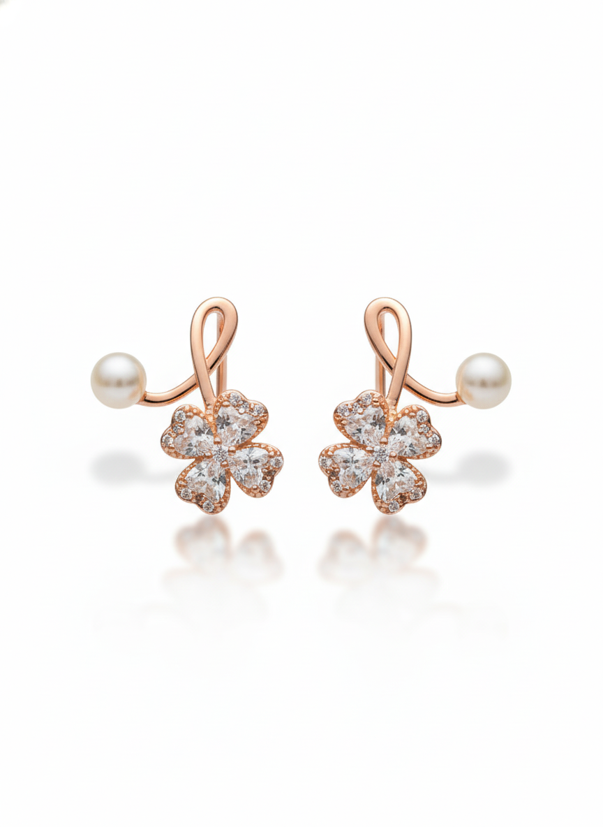 Rohari - Rose Gold Lucky Clover Earring with Pearl
