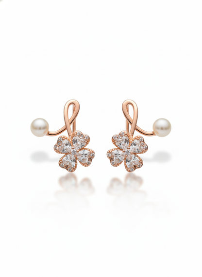 Rohari - Rose Gold Lucky Clover Earring with Pearl