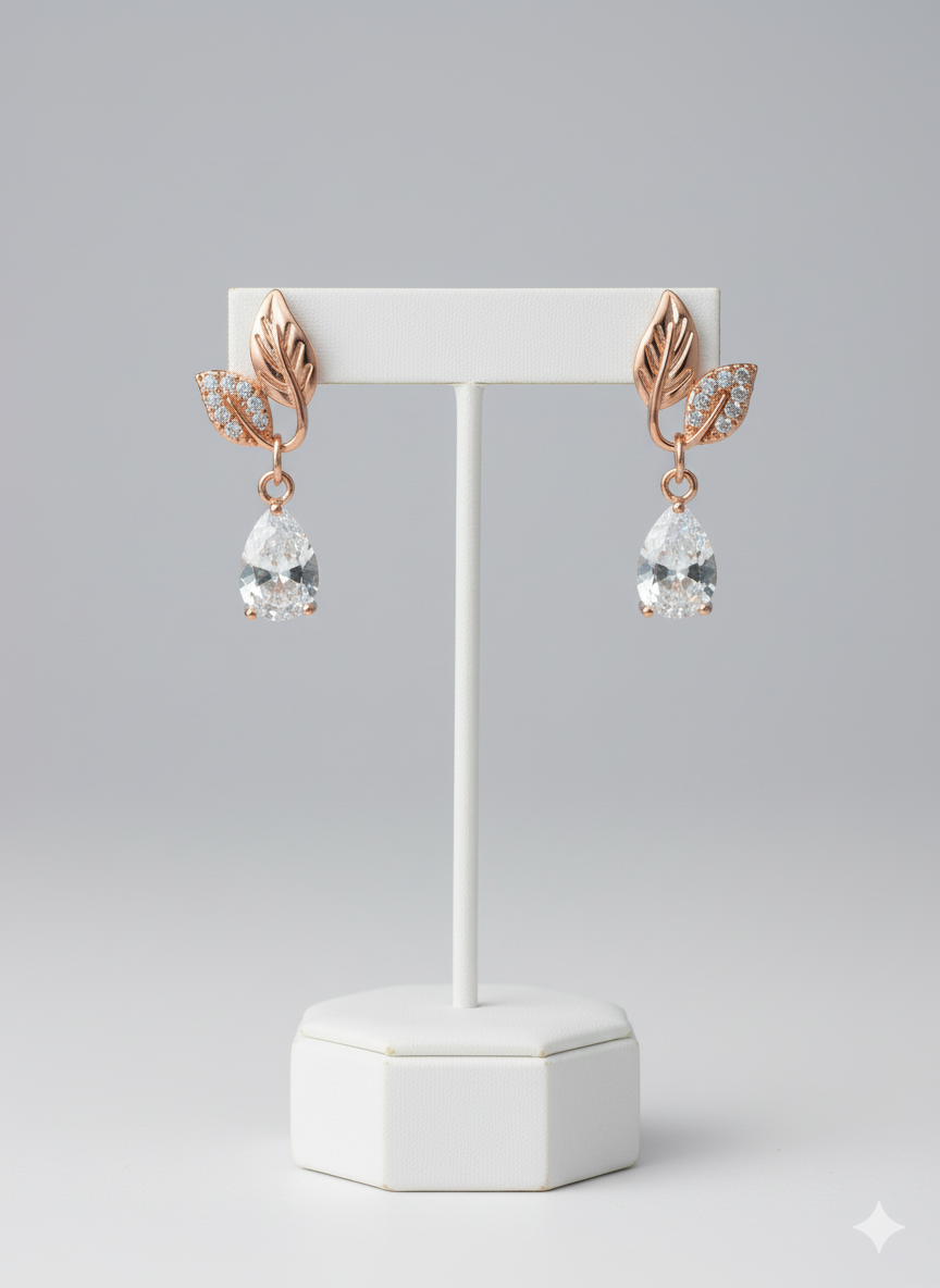 Rohari - Rose Gold Leaf Drop Earrings with Pear Cut Stones