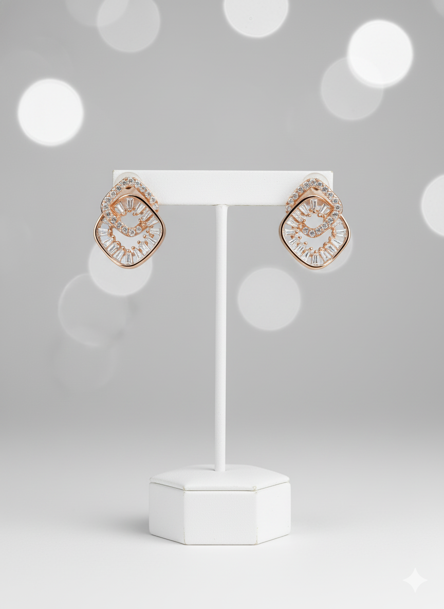 Rohari - Baguette & Pave Cluster Stud Earrings (Rose Gold)