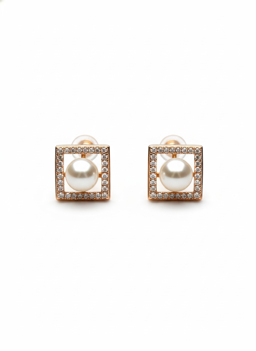 Rohari - Square Frame Pearl Stud Earrings (Rose Gold)