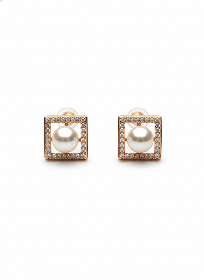 Rohari - Square Frame Pearl Stud Earrings (Rose Gold)