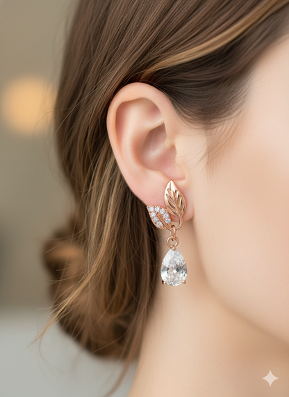 Rohari - Rose Gold Leaf Drop Earrings with Pear Cut Stones