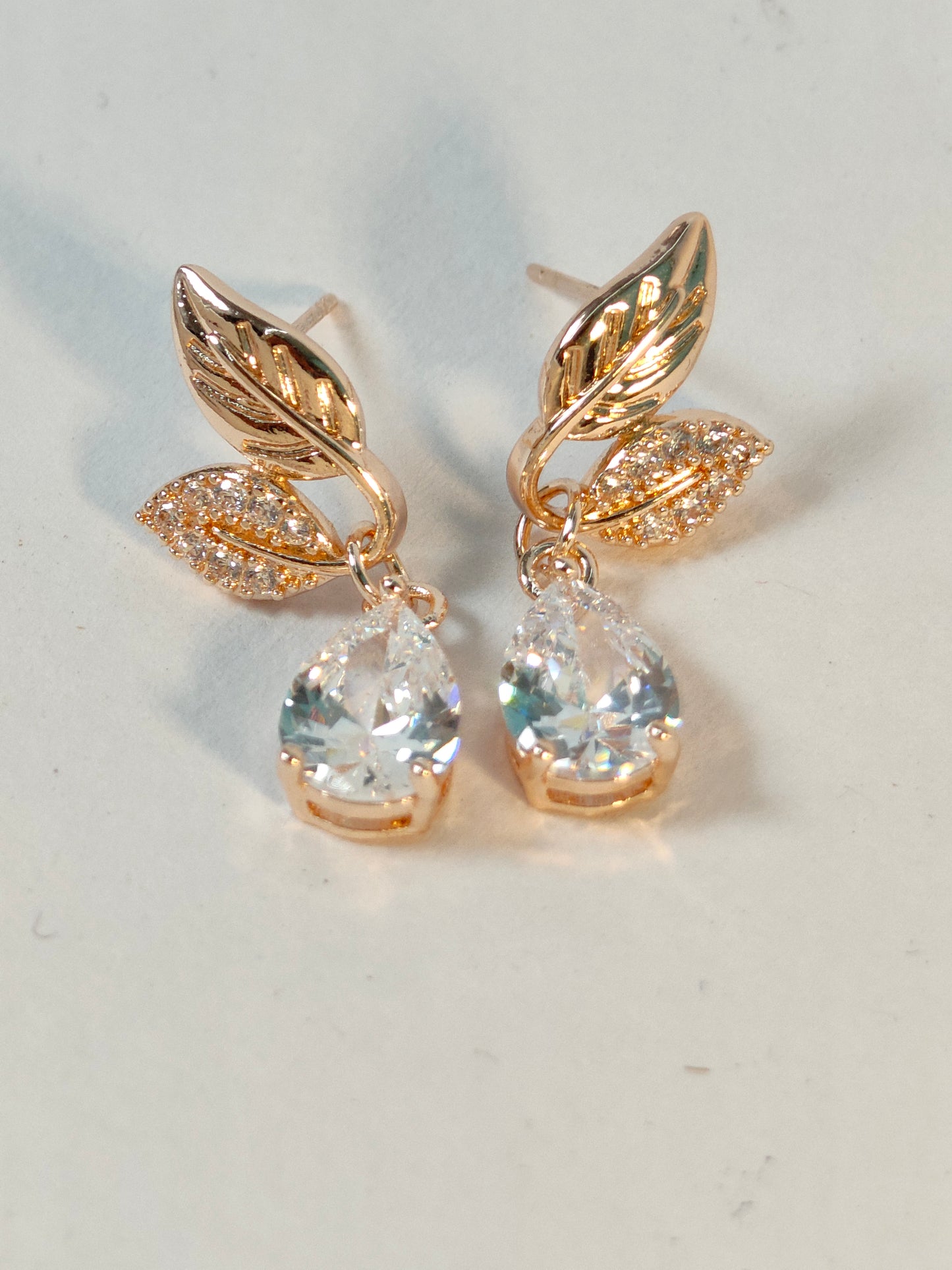 Rohari - Rose Gold Leaf Drop Earrings with Pear Cut Stones