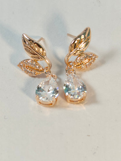 Rohari - Rose Gold Leaf Drop Earrings with Pear Cut Stones