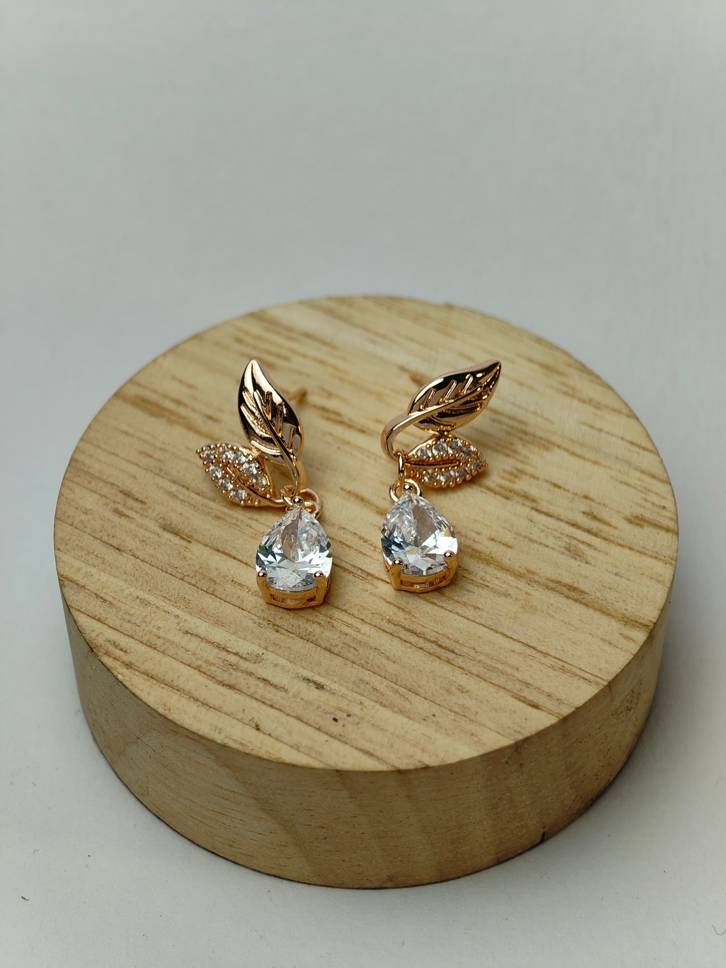 Rohari - Rose Gold Leaf Drop Earrings with Pear Cut Stones