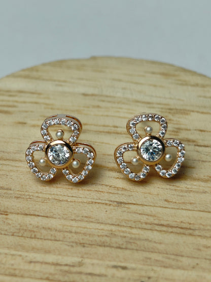 Rohari - Rose Gold Clover Stud Earrings with Pearl Accents